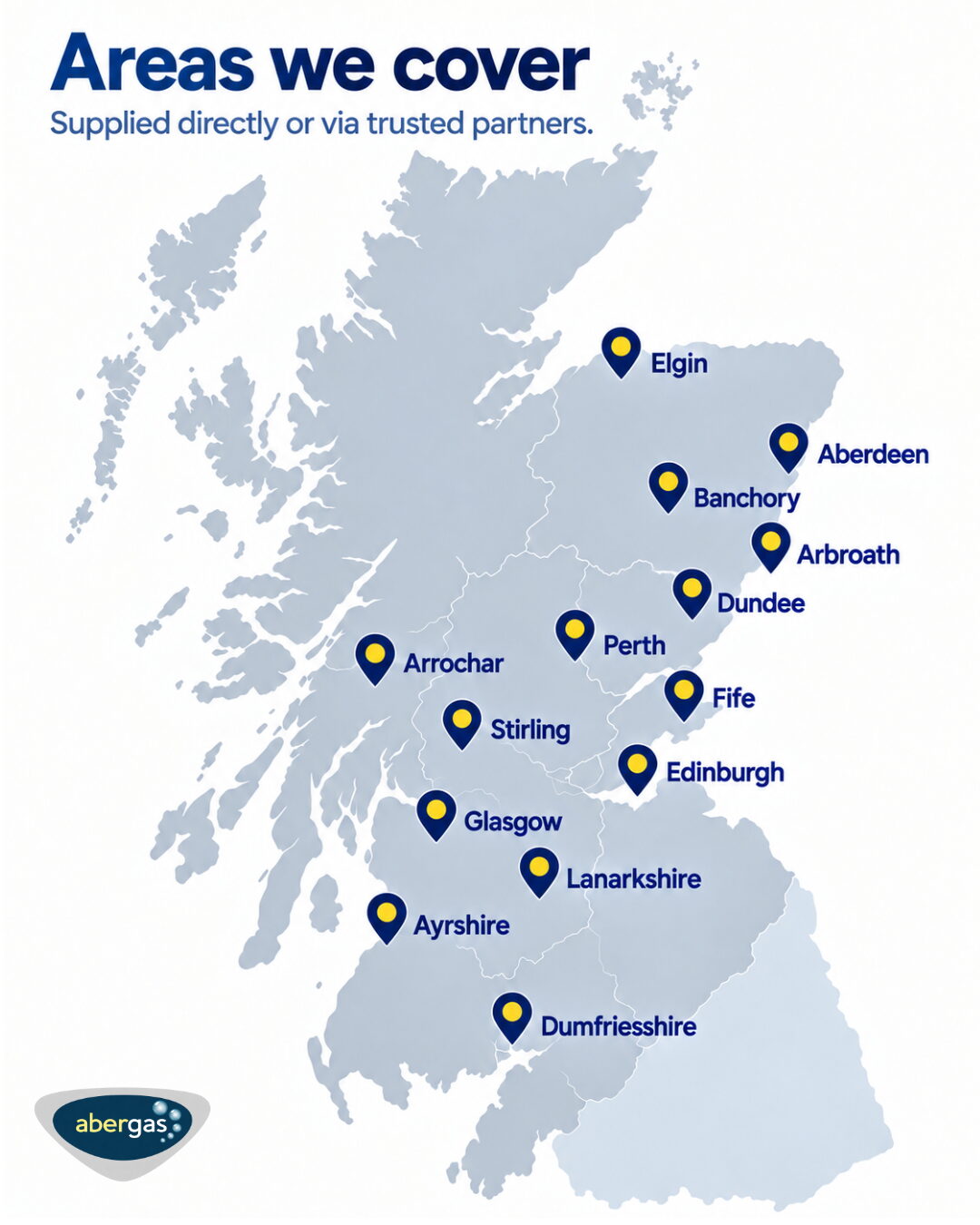 Map of AberGas delivery areas across Scotland, from Elgin and Aberdeen to Glasgow, Edinburgh and Dumfriesshire