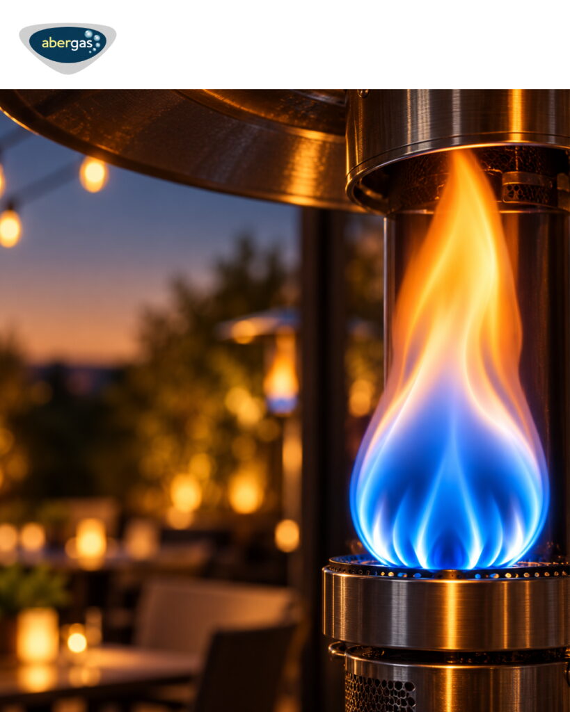 Blue gas flame on a patio heater, fuelled by Calor gas from AberGas